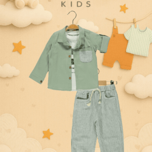 Cattac Kids Erkek Çocuk 3’lü Takım | Yeşil Ceketli Tişört ve Çizgili Pantolon
