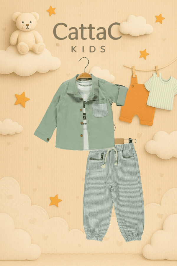Cattac Kids Erkek Çocuk 3’lü Takım | Yeşil Ceketli Tişört ve Çizgili Pantolon