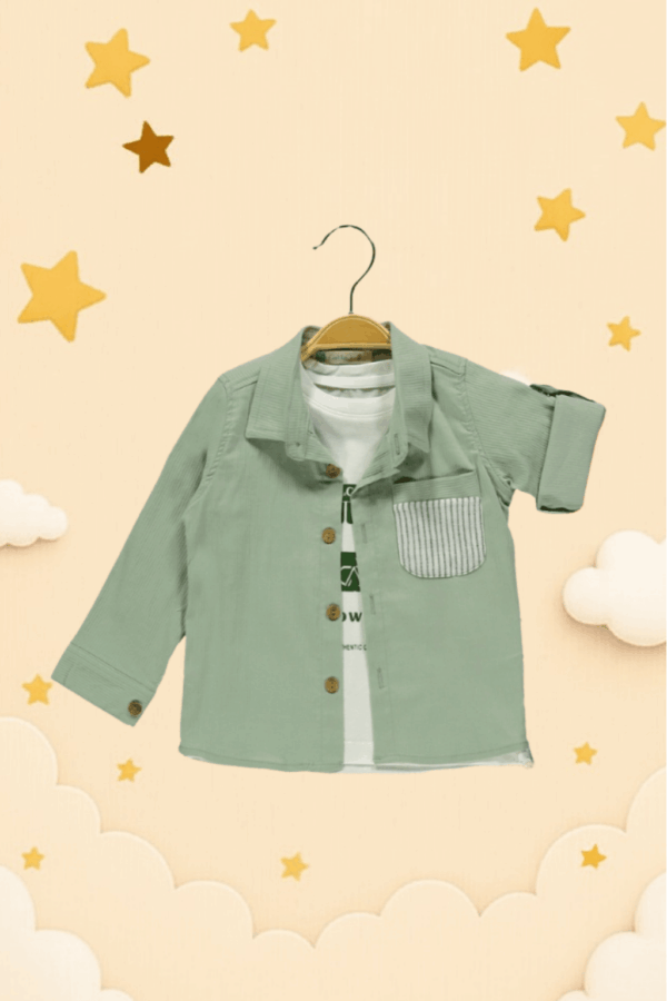 Cattac Kids Erkek Çocuk 3’lü Takım | Yeşil Ceketli Tişört ve Çizgili Pantolon - Image 2