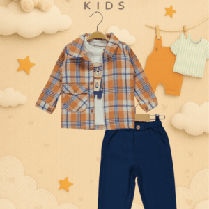 CattacKids %100 Pamuk Ekose Turuncu-Lacivert Erkek Çocuk 3’lü Kombin Seti — 2-5 Yaş, rahat kesim, nefes alan kumaş