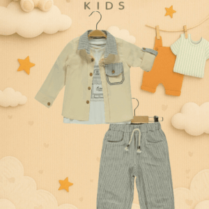 CattacKids %100 Pamuk Çizgili Bej-Gri Erkek Çocuk 3’lü Kombin Seti — 2-5 Yaş, rahat kesim, nefes alan kumaş