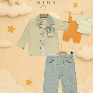 CattacKids %100 Pamuk Bej-Gri Çizgili Erkek Çocuk 3’lü Kombin Seti — 2-5 Yaş, rahat kesim, nefes alan kumaş