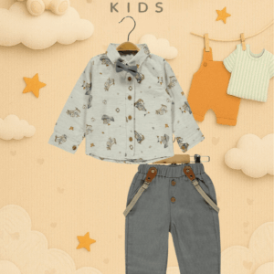 CattacKids erkek çocuk şık kombin set — papyonlu gömlek ve askılı pantolon