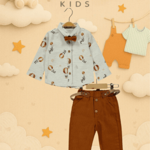 CattacKids erkek çocuk kombin set — papyonlu desenli gömlek ve kahverengi pantolon